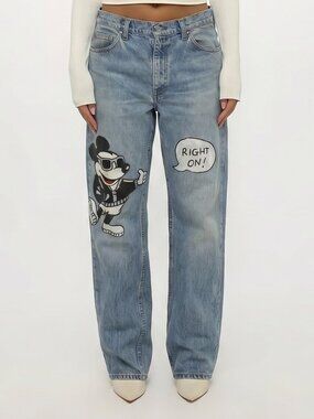 80s Hand-Painted Mickey Mouse Vintage Levi's Jeans "Right On!" Medium Wash
